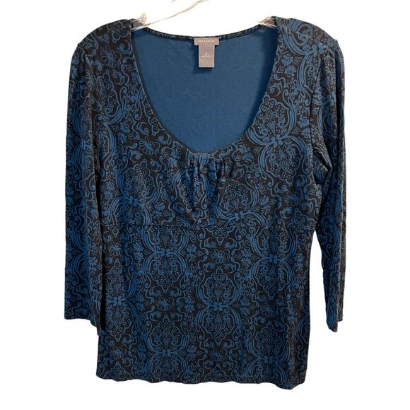 Ann Taylor Scoop Neck Top Size Medium Black Teal Floral Pattern 3/4 Sleeves - Picture 1 of 8